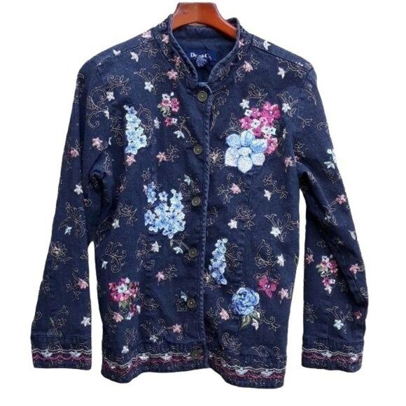Denim & Co Jean Jacket Boho Novelty Whimsical Floral Embroidered Dark Wash Sz M - Picture 7 of 9